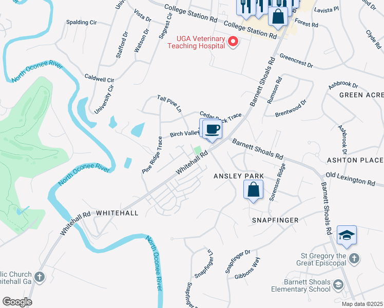 map of restaurants, bars, coffee shops, grocery stores, and more near 210 Whitehall Road in Athens