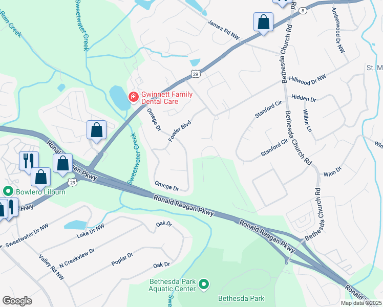 map of restaurants, bars, coffee shops, grocery stores, and more near 257 Omega Drive in Lawrenceville