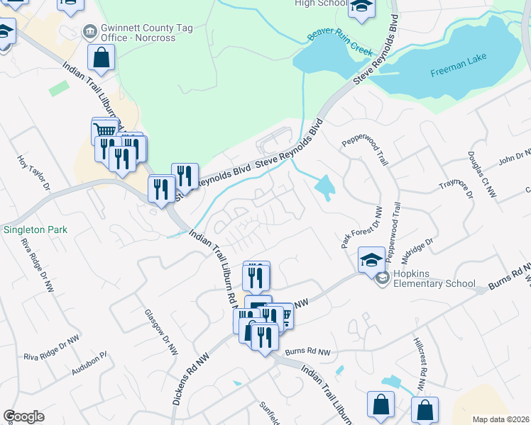 map of restaurants, bars, coffee shops, grocery stores, and more near 1086 Rock Creek Lane in Norcross