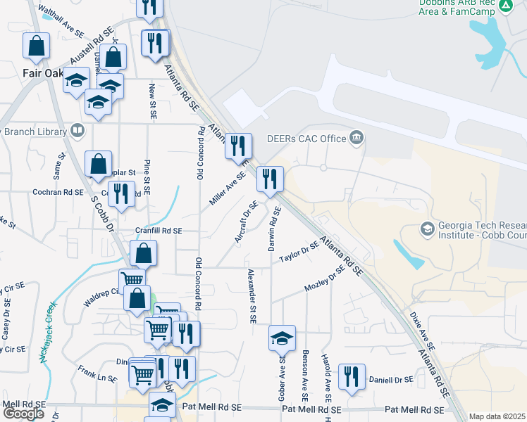 map of restaurants, bars, coffee shops, grocery stores, and more near 1706 Darwin Road Southeast in Smyrna