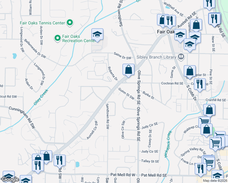 map of restaurants, bars, coffee shops, grocery stores, and more near 1703 Austell Road Southeast in Marietta