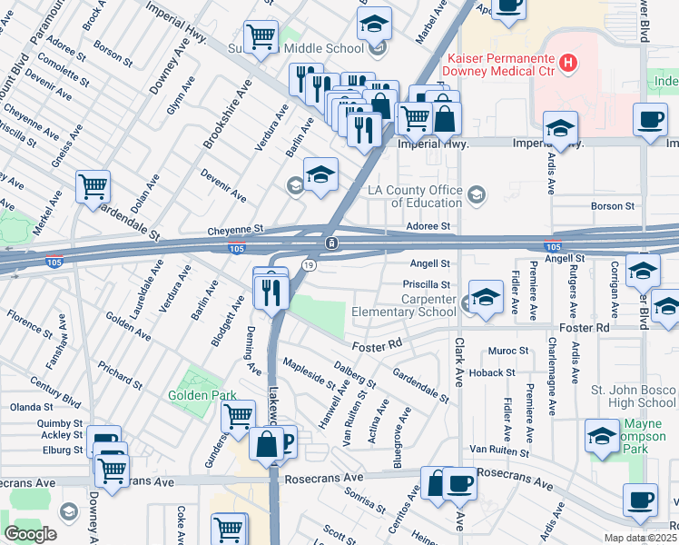 map of restaurants, bars, coffee shops, grocery stores, and more near 9030 Angell Street in Downey