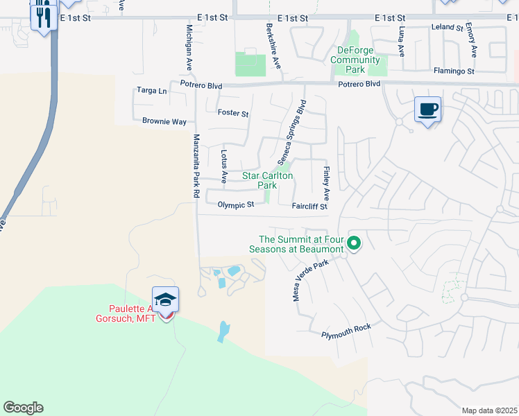 map of restaurants, bars, coffee shops, grocery stores, and more near 1357 Olympic Street in Beaumont