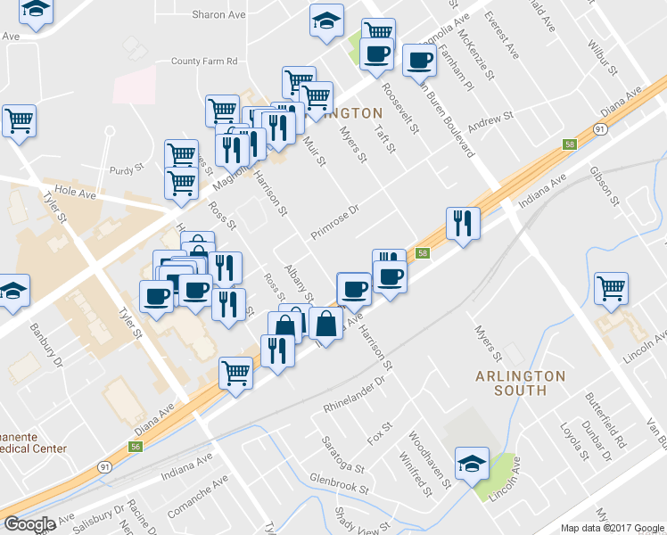 map of restaurants, bars, coffee shops, grocery stores, and more near 3511 Harrison Street in Riverside