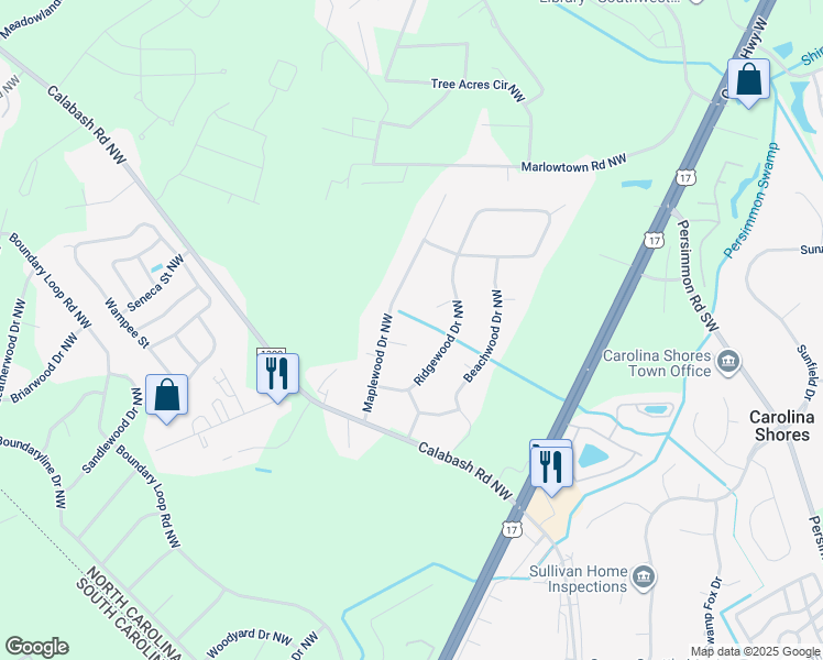 map of restaurants, bars, coffee shops, grocery stores, and more near 368 Pinefield Court Northwest in Calabash