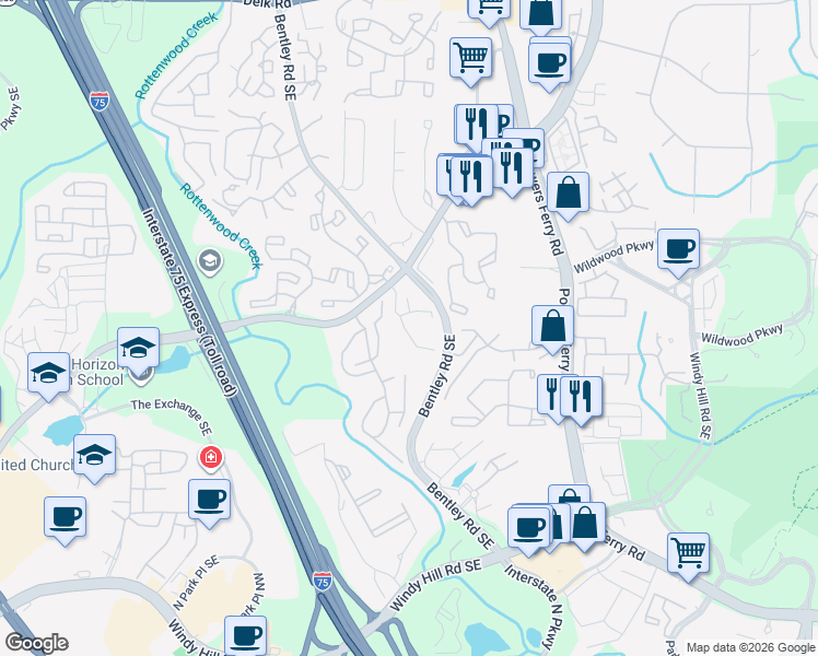 map of restaurants, bars, coffee shops, grocery stores, and more near 1681 Terrell Ridge Drive in Marietta