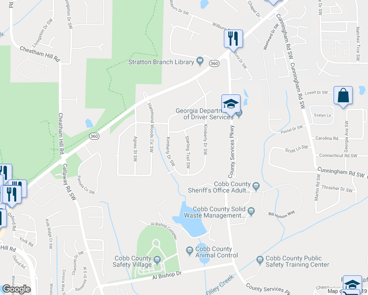 map of restaurants, bars, coffee shops, grocery stores, and more near 1692 Sterling Trail Southwest in Marietta