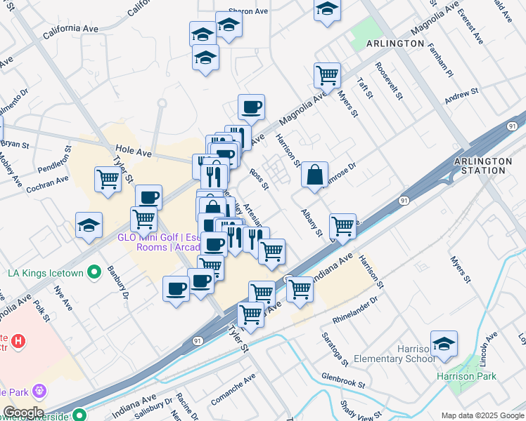map of restaurants, bars, coffee shops, grocery stores, and more near 10052 Judy Ct in Riverside