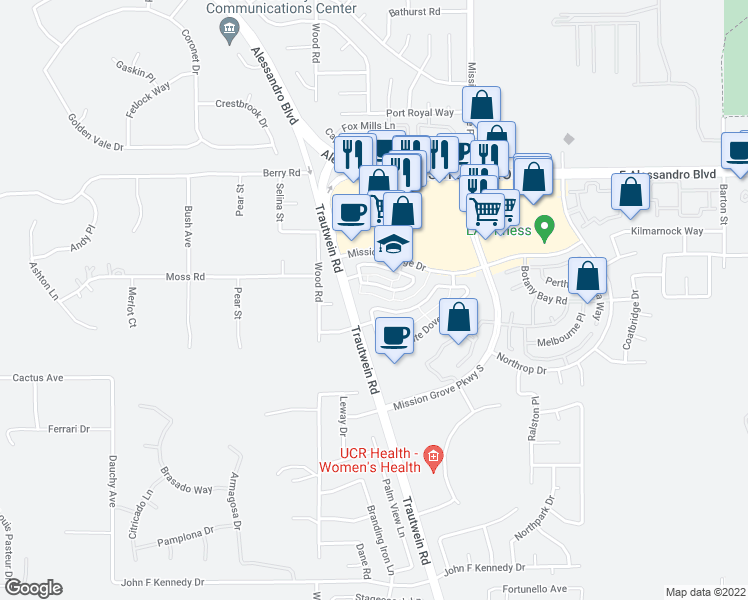 map of restaurants, bars, coffee shops, grocery stores, and more near 19125 Vintage Woods Drive in Riverside