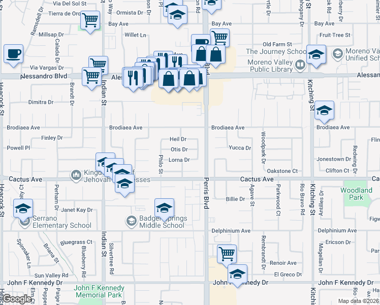 map of restaurants, bars, coffee shops, grocery stores, and more near 24915 Otis Drive in Moreno Valley