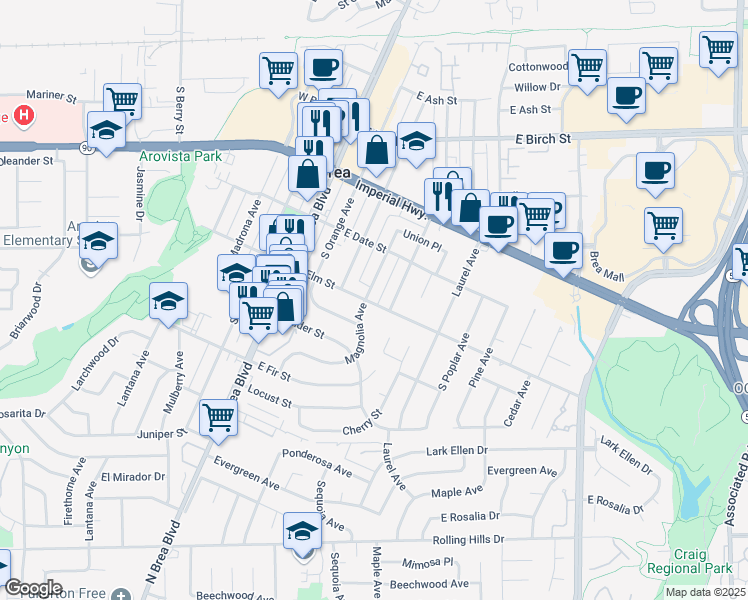map of restaurants, bars, coffee shops, grocery stores, and more near 448 Magnolia Avenue in Brea