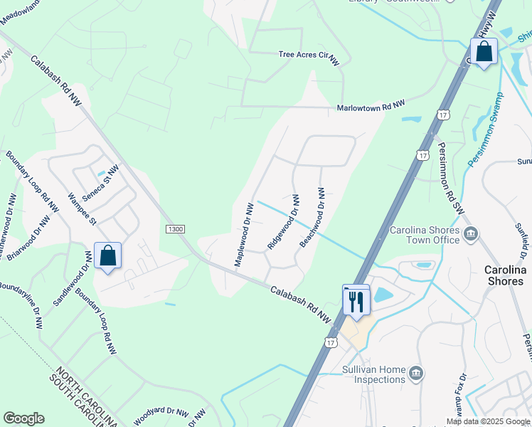map of restaurants, bars, coffee shops, grocery stores, and more near 368 Pinefield Court Northwest in Calabash