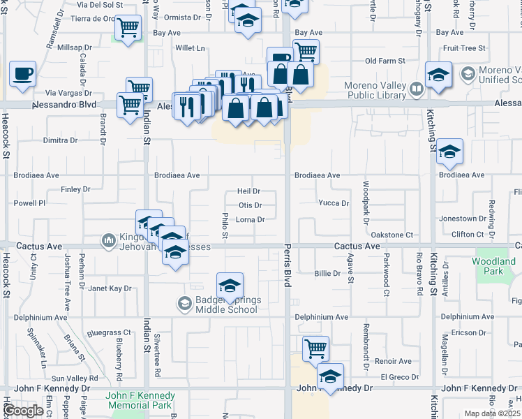 map of restaurants, bars, coffee shops, grocery stores, and more near 24915 Otis Drive in Moreno Valley