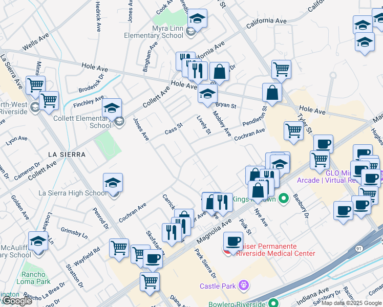 map of restaurants, bars, coffee shops, grocery stores, and more near 4016 Polk Street in Riverside
