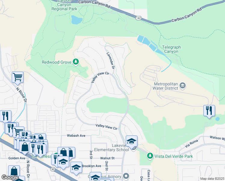 map of restaurants, bars, coffee shops, grocery stores, and more near 3489 Golden Poppy Way in Yorba Linda