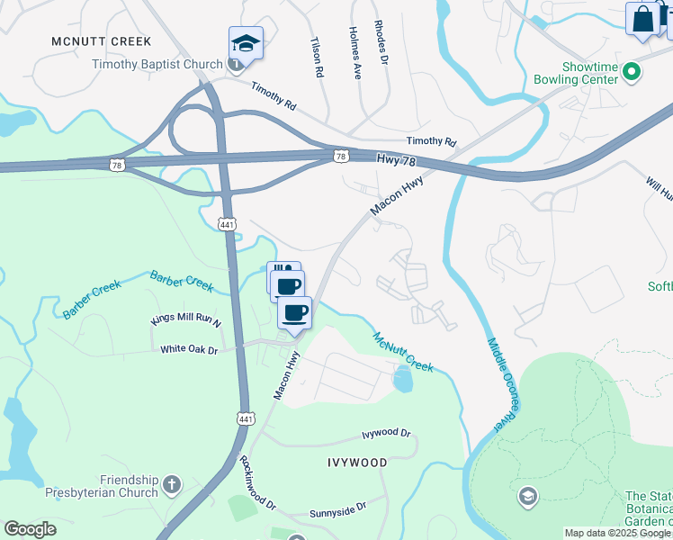 map of restaurants, bars, coffee shops, grocery stores, and more near 1095 Macon Highway in Athens