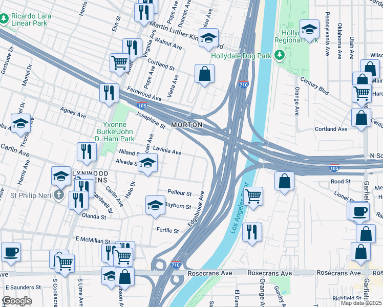 map of restaurants, bars, coffee shops, grocery stores, and more near 5419 Lavinia Avenue in Lynwood