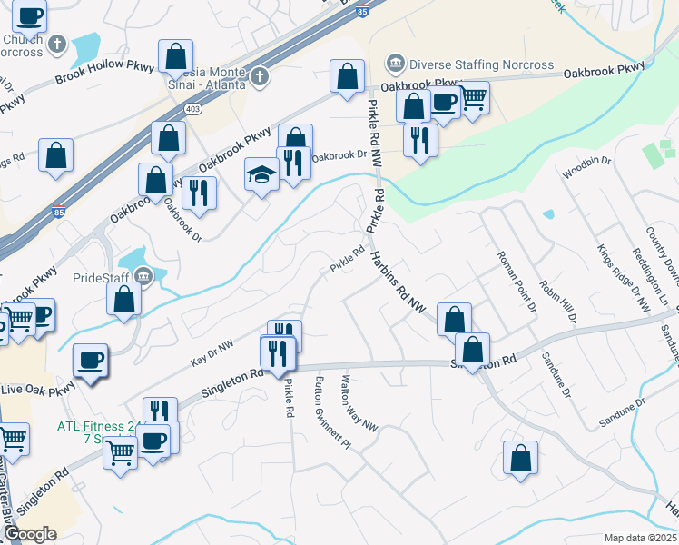 map of restaurants, bars, coffee shops, grocery stores, and more near 1575 Pirkle Road in Norcross