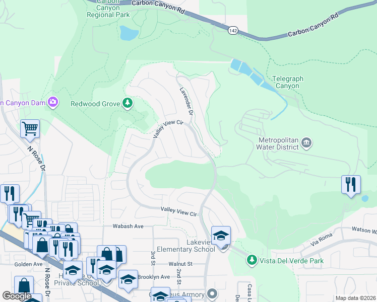map of restaurants, bars, coffee shops, grocery stores, and more near 3489 Golden Poppy Way in Yorba Linda