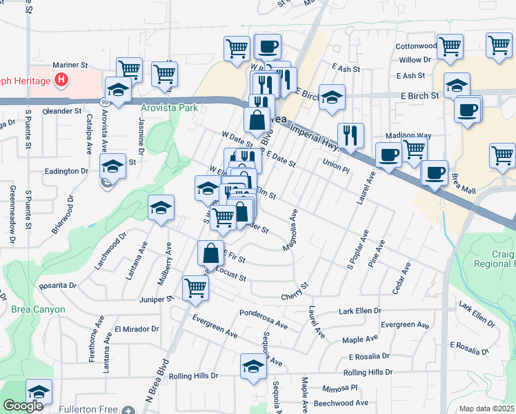 map of restaurants, bars, coffee shops, grocery stores, and more near 527 South Orange Avenue in Brea