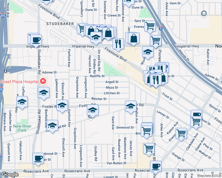 map of restaurants, bars, coffee shops, grocery stores, and more near 11504 Maza Street in Norwalk