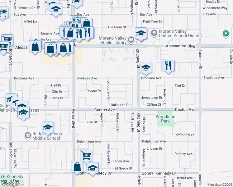 map of restaurants, bars, coffee shops, grocery stores, and more near 25309 Valleywood Court in Moreno Valley