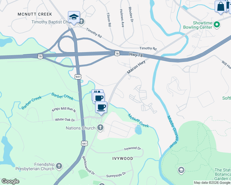 map of restaurants, bars, coffee shops, grocery stores, and more near 1095 Macon Highway in Athens
