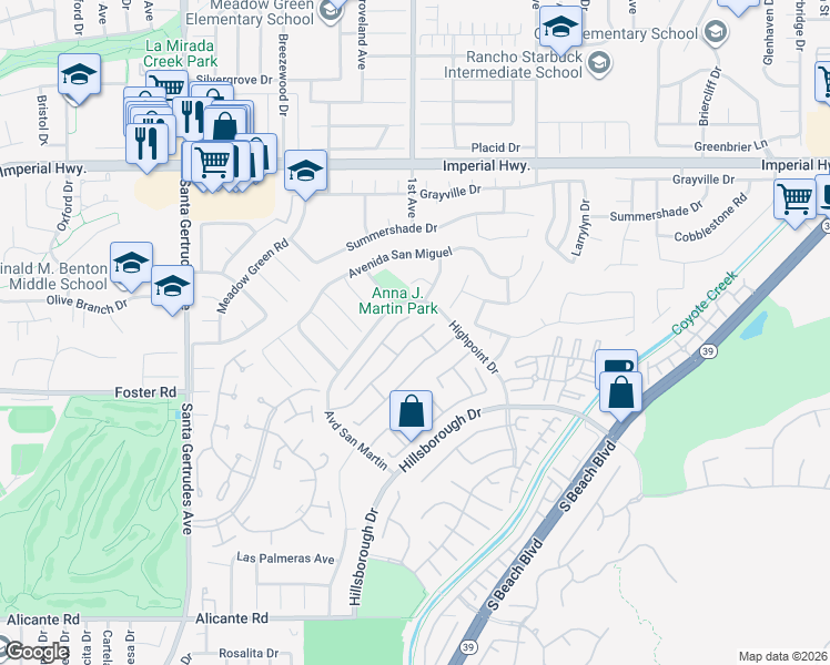 map of restaurants, bars, coffee shops, grocery stores, and more near 16129 Promontory Place in La Mirada
