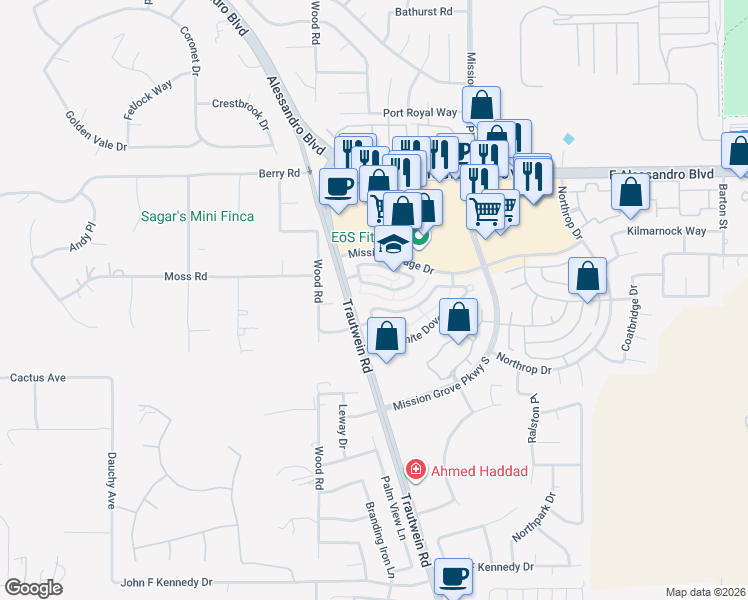 map of restaurants, bars, coffee shops, grocery stores, and more near 19125 Vintage Woods Drive in Riverside