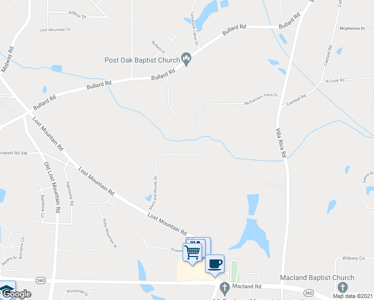 map of restaurants, bars, coffee shops, grocery stores, and more near 1881 Macland Woods Drive in Powder Springs