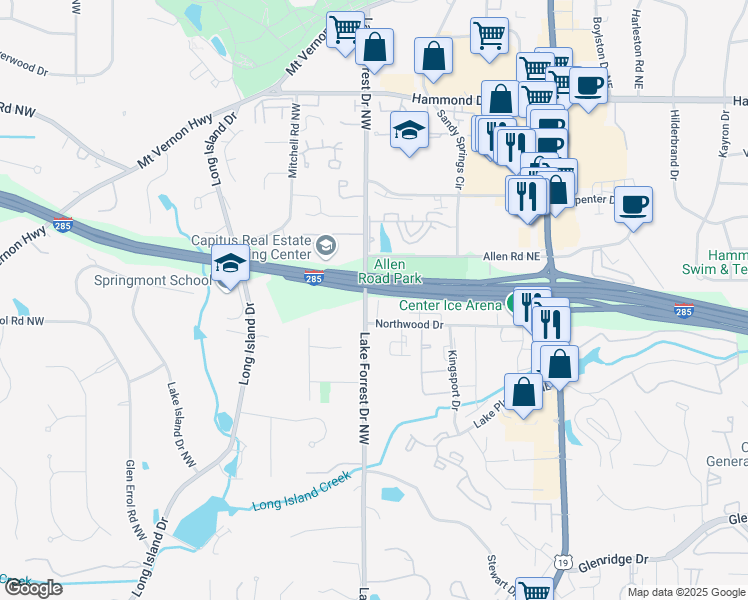 map of restaurants, bars, coffee shops, grocery stores, and more near 5734 Taylor Way in Sandy Springs