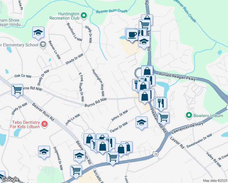 map of restaurants, bars, coffee shops, grocery stores, and more near 597a Johns Way Northwest in Lilburn