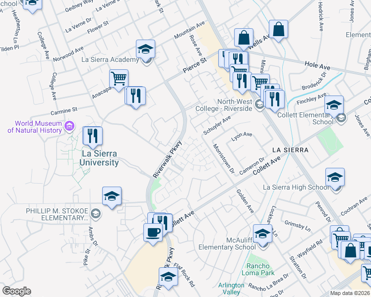 map of restaurants, bars, coffee shops, grocery stores, and more near 4602 Olsen Court in Riverside