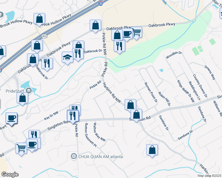 map of restaurants, bars, coffee shops, grocery stores, and more near 5570 Stonewood Court in Norcross