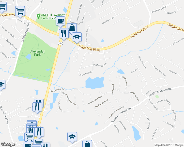 map of restaurants, bars, coffee shops, grocery stores, and more near 1110 Bridle Path Drive in Lawrenceville