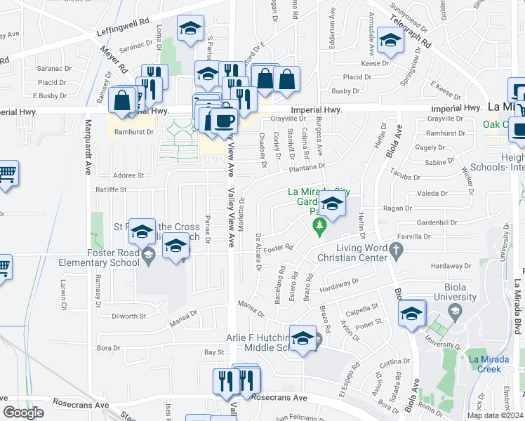 map of restaurants, bars, coffee shops, grocery stores, and more near 13122 De Alcala Drive in La Mirada