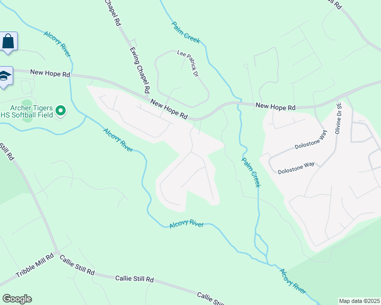 map of restaurants, bars, coffee shops, grocery stores, and more near 1780 Alcovy River Drive in Dacula