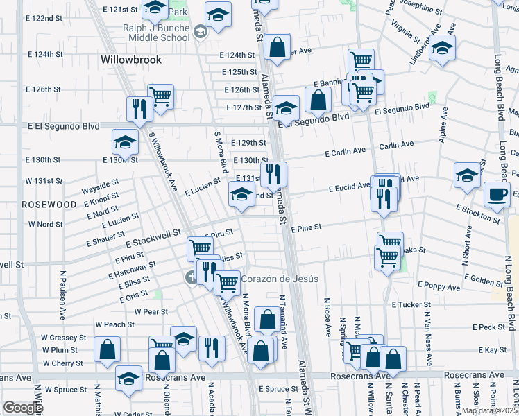 map of restaurants, bars, coffee shops, grocery stores, and more near 2535 East 133rd Street in Compton