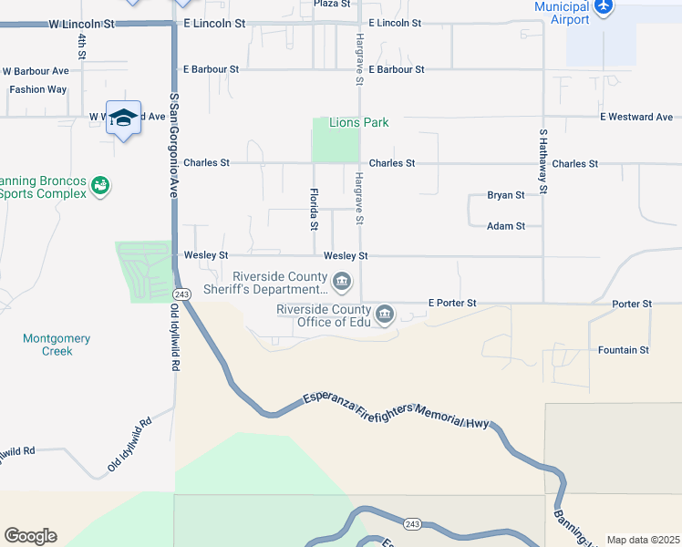 map of restaurants, bars, coffee shops, grocery stores, and more near Wesley Street in Banning