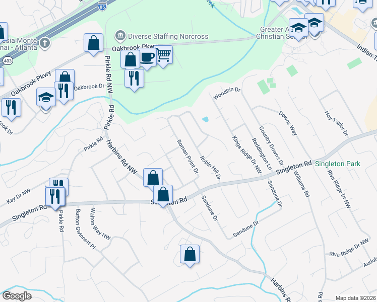 map of restaurants, bars, coffee shops, grocery stores, and more near 1467 Roman Point Drive in Norcross