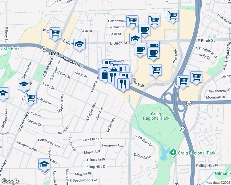 map of restaurants, bars, coffee shops, grocery stores, and more near 375 South Randolph Avenue in Brea
