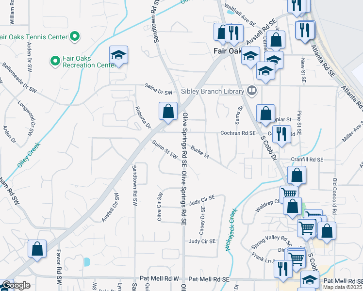 map of restaurants, bars, coffee shops, grocery stores, and more near 1728 Olive Springs Road Southeast in Marietta