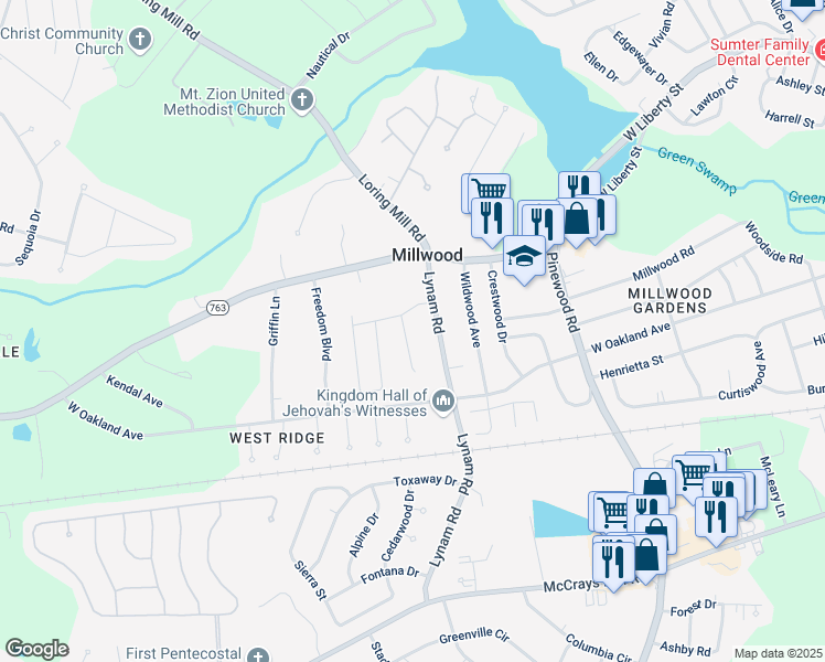map of restaurants, bars, coffee shops, grocery stores, and more near 20 Lynam Road in Sumter