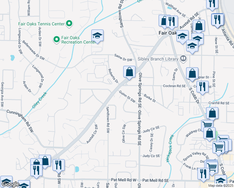map of restaurants, bars, coffee shops, grocery stores, and more near 1695 Austell Road Southwest in Marietta