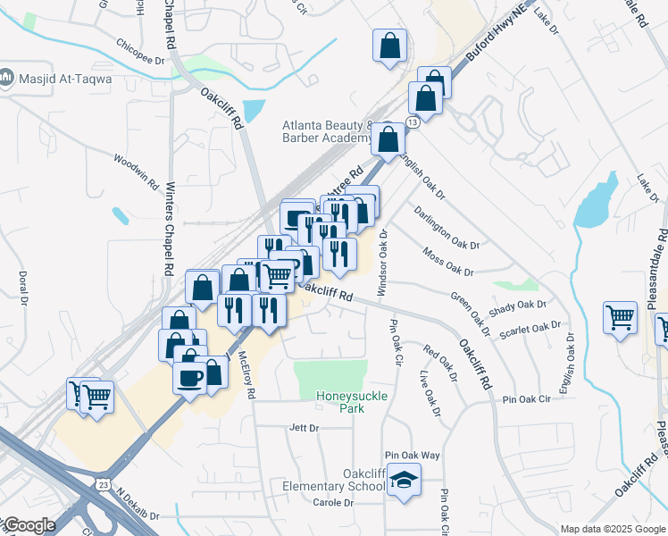 map of restaurants, bars, coffee shops, grocery stores, and more near 3024 Oakcliff Road in Doraville