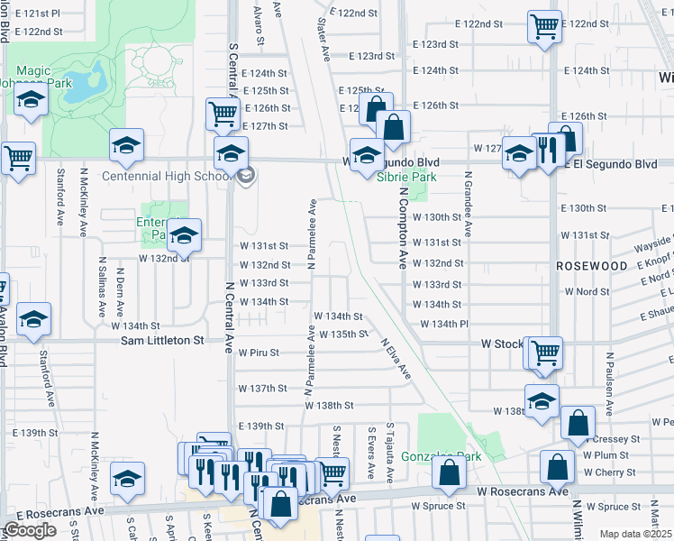 map of restaurants, bars, coffee shops, grocery stores, and more near 1515 West 133rd Street in Compton