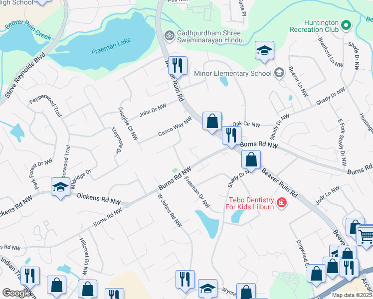 map of restaurants, bars, coffee shops, grocery stores, and more near 878 Burns Estates Drive Northwest in Lilburn