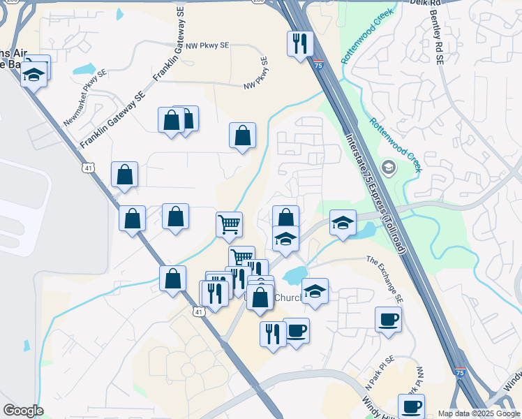 map of restaurants, bars, coffee shops, grocery stores, and more near 1707 Waterfall Village Drive in Marietta