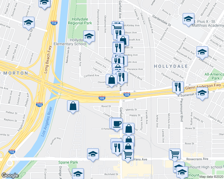 map of restaurants, bars, coffee shops, grocery stores, and more near 13733 Garfield Avenue in Paramount