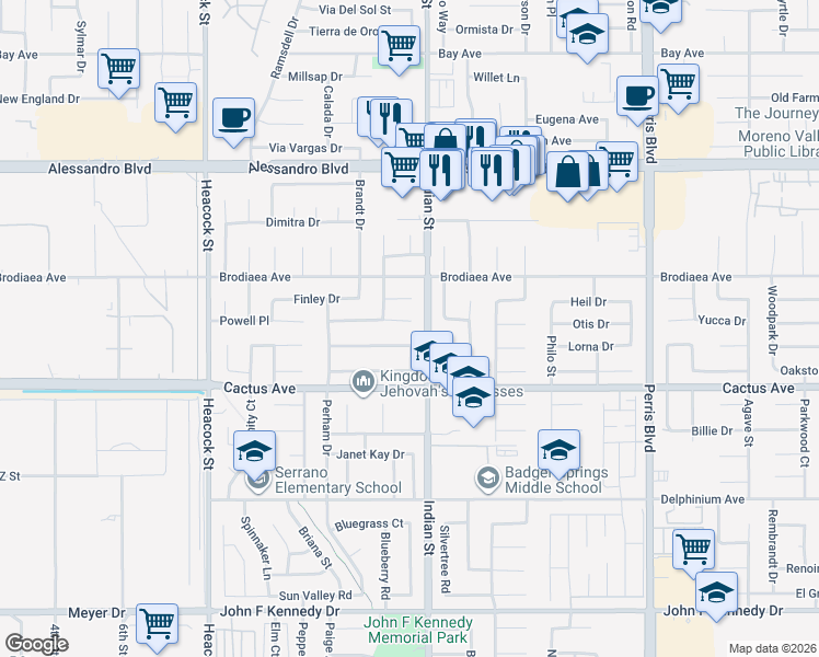 map of restaurants, bars, coffee shops, grocery stores, and more near 24461 Lamont Drive in Moreno Valley